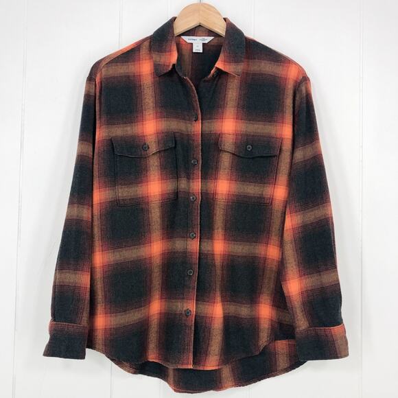 Old Navy Boyfriend Shirt Flannel Swiftie Evermore Size Medium Orange Black Plaid - Picture 16 of 16